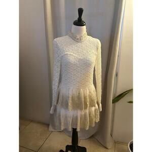 Y2K Yard Story Lace Victorian Ruffle Tiered Mini Dress Cream Gold XS/S